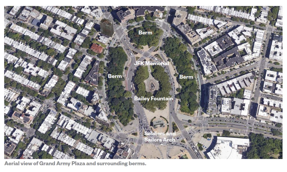 An aerial showing the different parts of the plaza,including the arch and berm